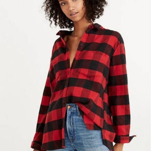 Madewell Shirt Top Oversized Fleece Buffalo Plaid XL Red Black